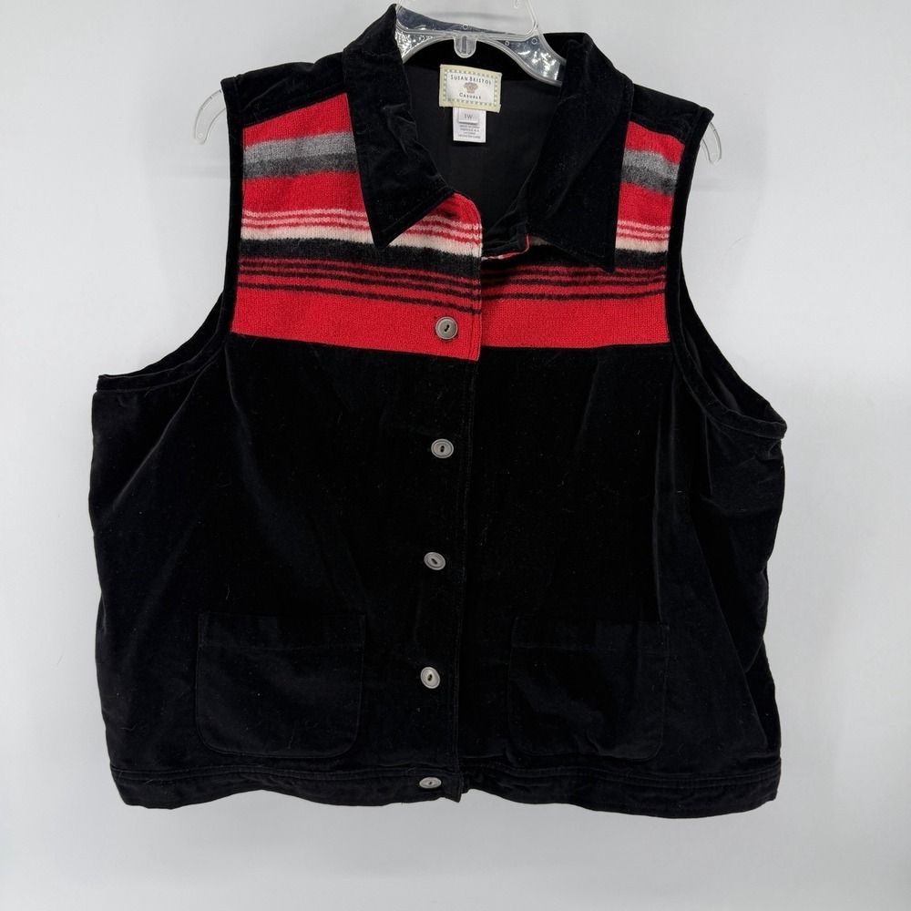 Susan Bristol Casuals Vest Womens 1W Black Velvet Western RedWhite Serape Stripe